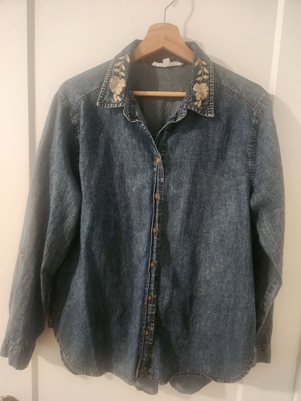 Embroidered Collar Dark Denim Button-Up Shirt